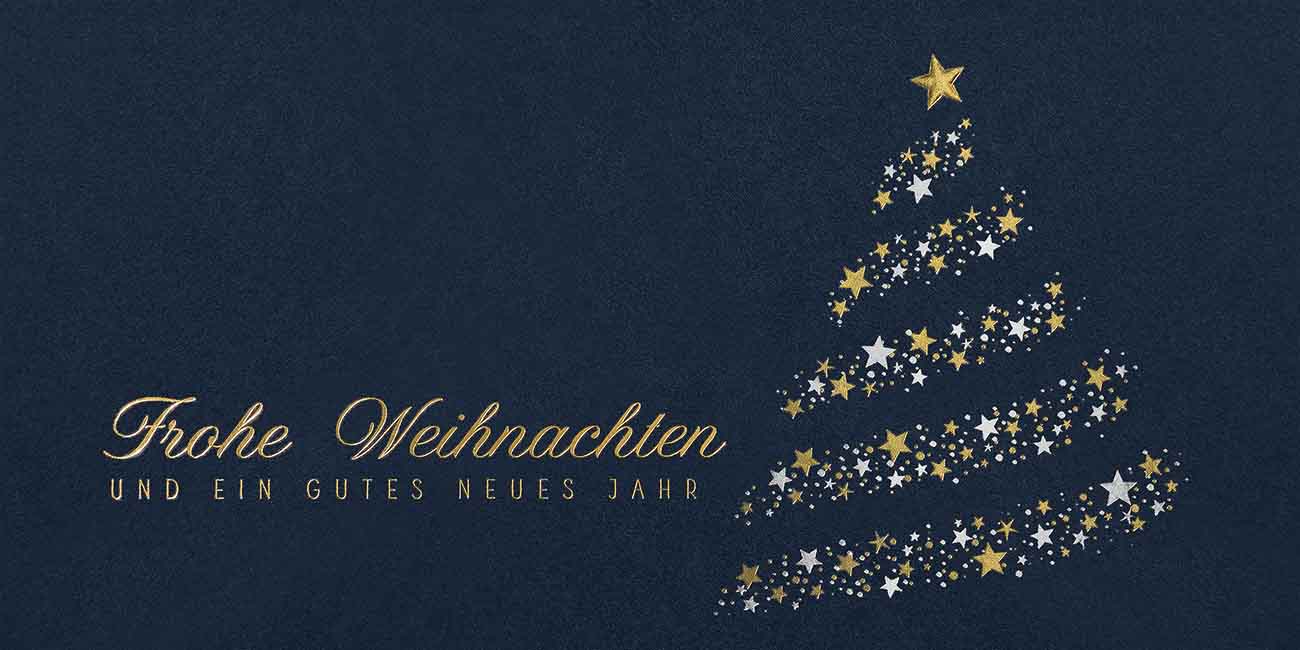 Dunkelblaue Weihnachtskarte mit einem Baum aus goldenen und silbernen Sternen und Gruß