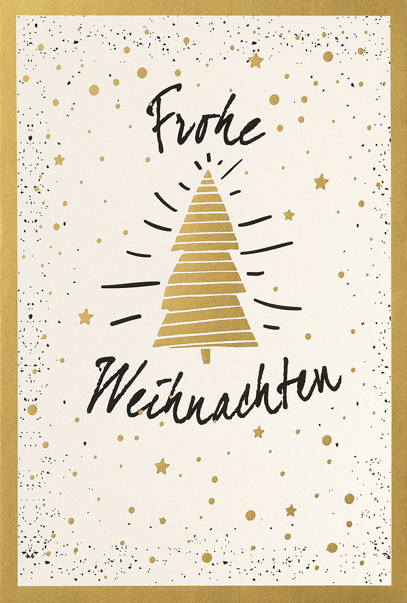 Funkelnde Weihnachtskarte in creme und gold mit Sternen, Weihnachtsbaum und Frohe Weihnachten