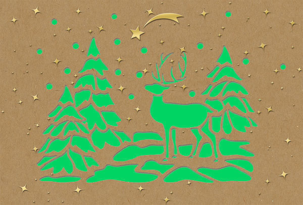 Naturbraune Weihnachtskarte mit grünem Einlegeblatt als Laserkarte mit Goldfolienprägung