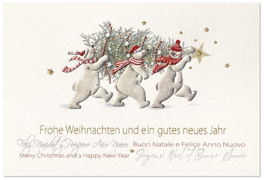 Humorvolle Weihnachtskarte mit drei Eisbären beim Tragen des Weihnachtsbaumes, mehrsprachig