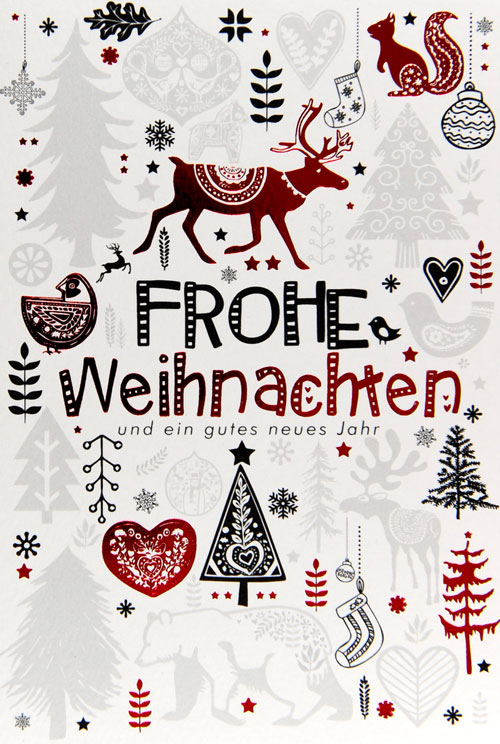 Weihnachtskarte mit vielen weihnachtlichen Motiven und Schriftzug: Frohe Weihnachten und ein gutes neues Jahr