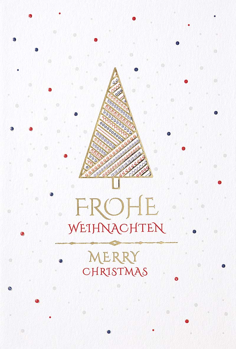 Weihnachtskarte mit deutschem und englischem Weihnachtsgruß, kleinen Pünktchen und Baum