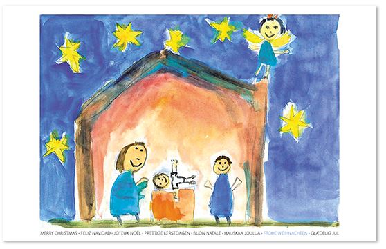 Spendenweihnachtskarte Jesus, Maria und Josef im Stall von Betlehem zugunsten der Kinderkrebsstiftung