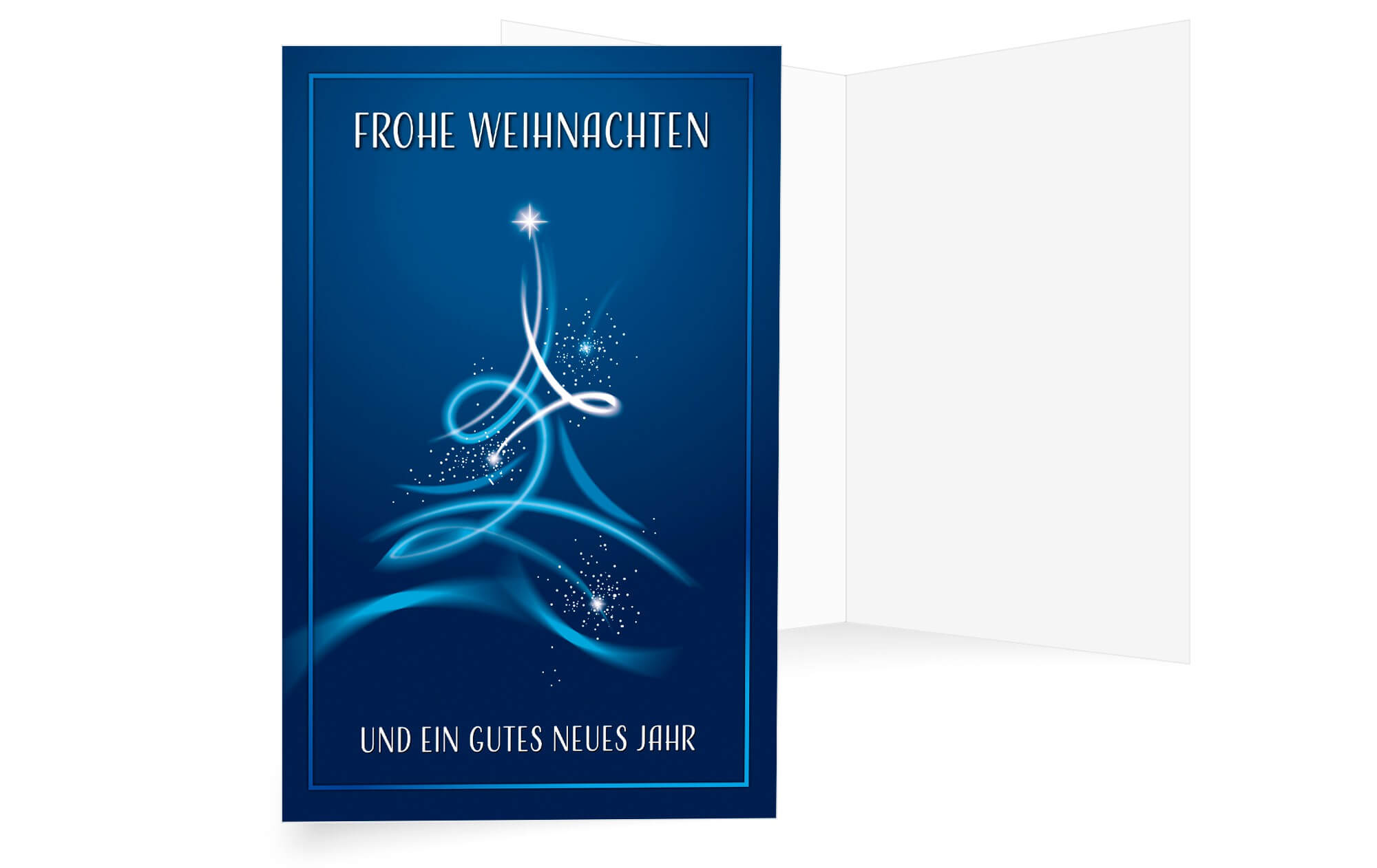 Blaue Spendenweihnachtskarte zugunsten Ärzte ohne Grenzen mit Weihnachtsgruß und Baum