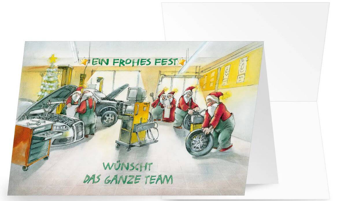 Branchen-Weihnachtskarte "Vom Team" für Autowerkstätten, KZF-Reparatur und Autohäuser