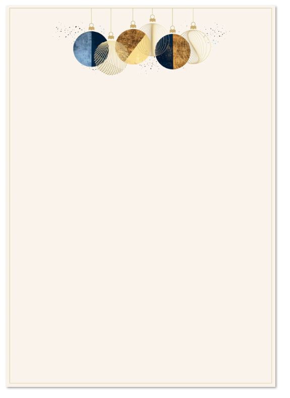 Cremeweißes Weihnachtsbriefpapier im modernen Design mit hängenden Weihnachtskugeln, DIN A4
