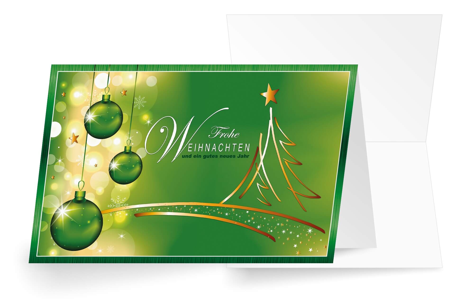 Grüne Weihnachtskarte mit Christbaumkugeln und abstraktem Weihnachtsbaum, inkl. Gruß