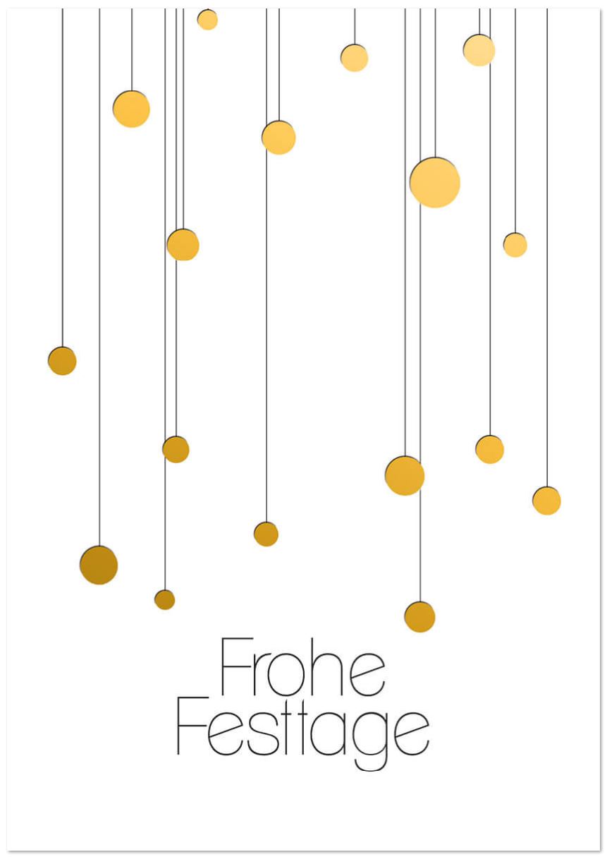 Weiße Weihnachtskarte mit goldenen Kugeln und "Frohe Festtage"