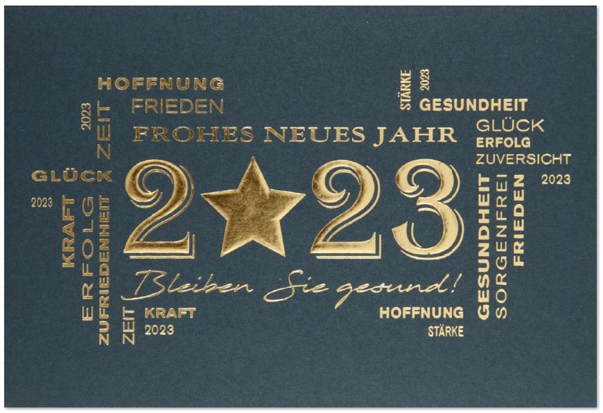 Dunkelblaue Neujahrskarte mit Goldfolienprägung Jahreszahl, Neujahrswünsche und Schlagworte