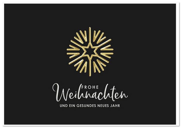 Edle Weihnachtskarte in schwarz mit goldenem Sternensymbol und silbernem Weihnachtsgruß