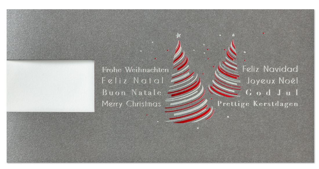 Logo-Weihnachtskarte in anthrazit-metallic mit internationalen Grüßen und Weihnachtsbäumen, DIN lang