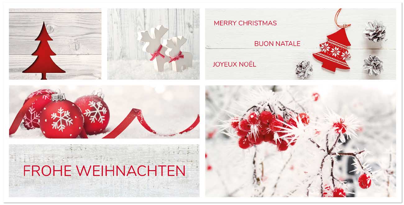 Mehrsprachige Weihnachtskarte rot und weiß im klassischen Design, DIN lang