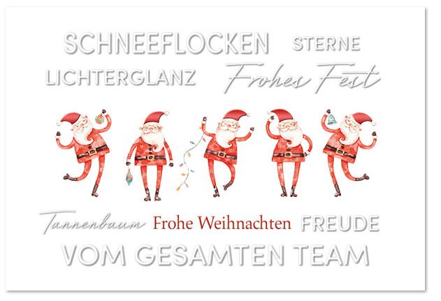 Lustige Firmen-Weihnachtskarte mit tanzenden Weihnachtsmännern und Grüßen vom Team