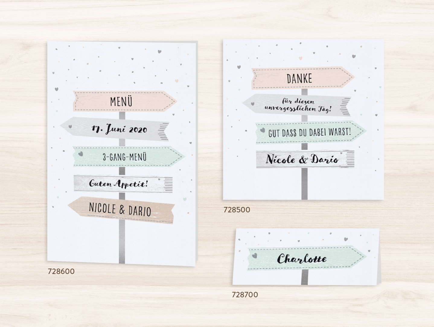 Setkarten aus Menükarte, Dankkarte und Tischkarte mit Wegweisern