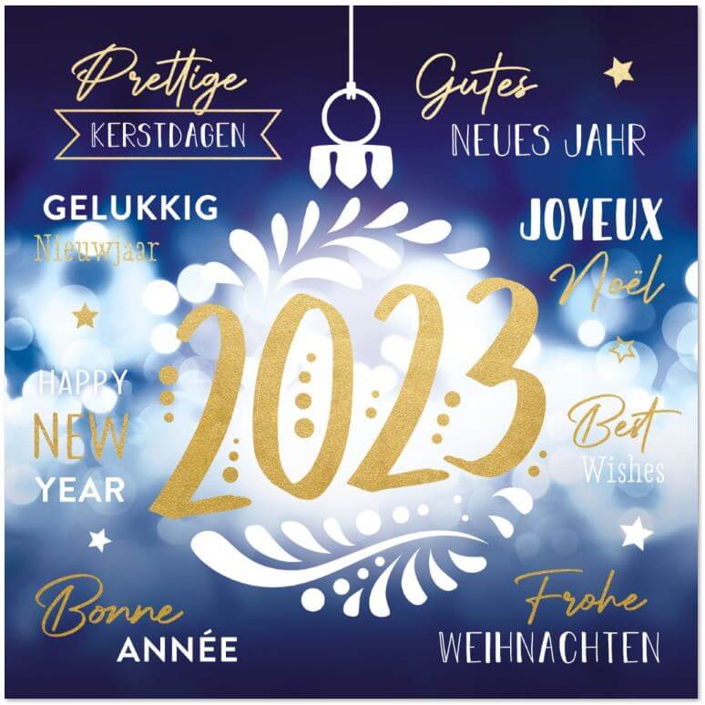 Blaue Weihnachtskarte mit Jahreszahl 2023 für die Deutsche Krebsgesellschaft e.V.