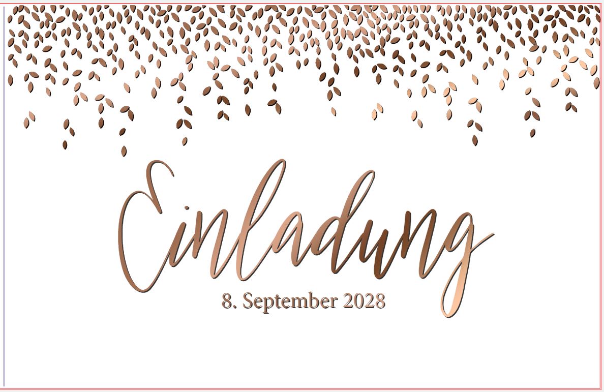Geburtstagseinladungskarte mit rosegold Folienprägung "Einladung" und Blätterregen