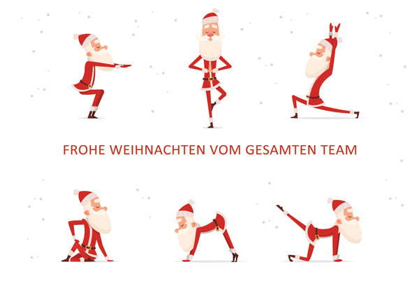 Team-Weihnachtskarte mit Weihnachtsmann und seinen Gymnastikübungen sowie Gruß