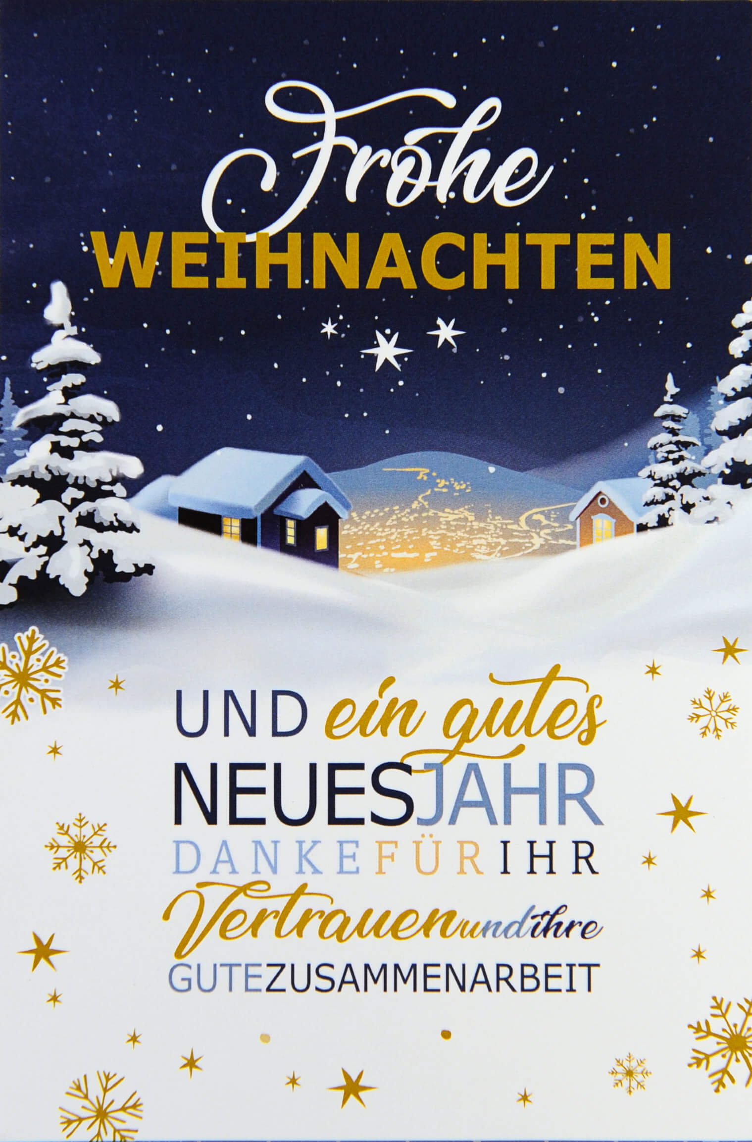 Firmenweihnachtskarte mit verschneiter Winterlandschaft und Danke für die Zusammenarbeit