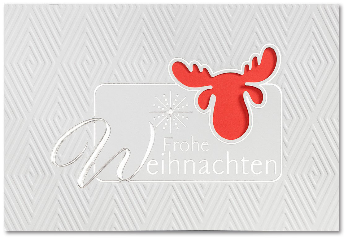 Weiße Weihnachtskarte mit Rentier und rotem Einleger