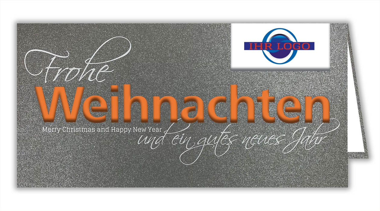 Anthrazitfarbene Weihnachtskarte mit orangefarbenem Schriftzug "Weihnachten" und Logofenster