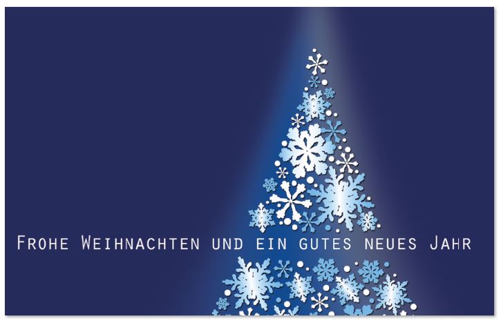 Blaue Weihnachtskarte mit funkelnden Eisblumen am Baum und weihnachtlichen Grüßen