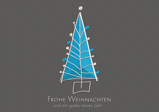 Anthrazitfarbene Weihnachtskarte mit blauer und silberner Metallic-Folienprägung im modernen Stil