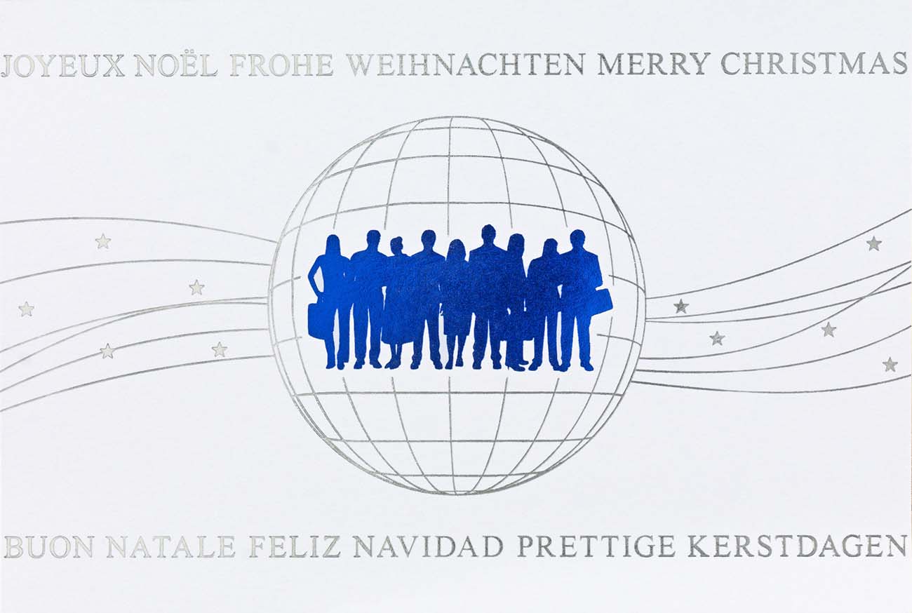 Geschäftliche Weihnachtskarte in weiß mit internationalen Grüßen, Menschen und Weltkugel