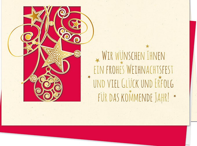 Elegante Firmenweihnachtskarte mit filigranem Laserschnitt, Goldfolienprägung und Einleger rot