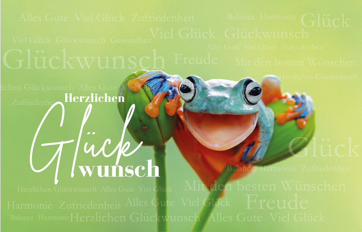 Bunte Glückwunschkarte mit Frosch, Glückwünschen und passenden Schlagworten