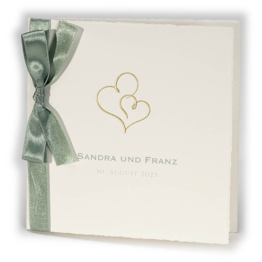 Büttenkarte als Hochzeitskarte mit grünem Satinband und goldener Folienprägung