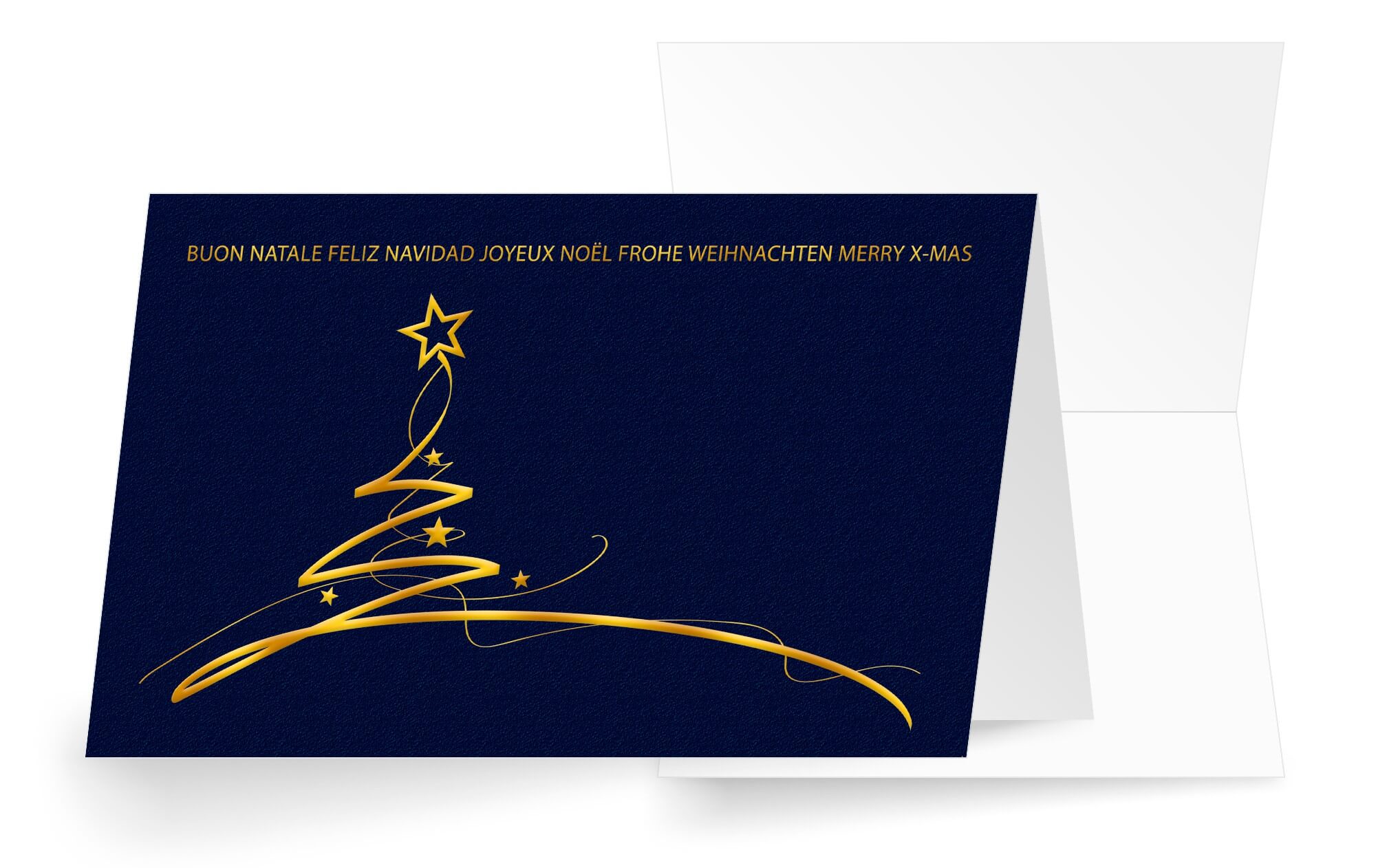 Elegante Weihnachtskarte dunkelblau mit Goldfolienprägung und internationalen Grüßen