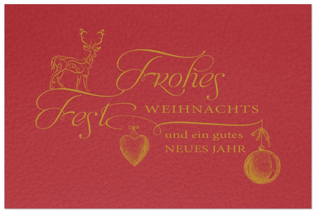 Rote Weihnachtskarte mit Hirsch, Kugel und Herz sowie Weihnachtsgruß in Goldprägung