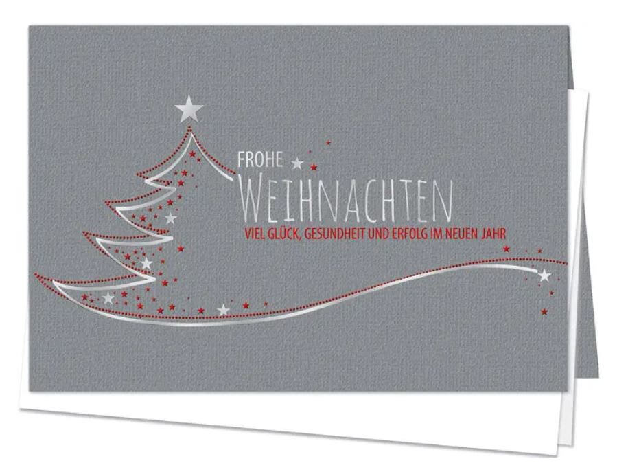 Firmen-Weihnachtskarte in grau mit Silber- und Rotfolienprägung und weißem Einlegeblatt