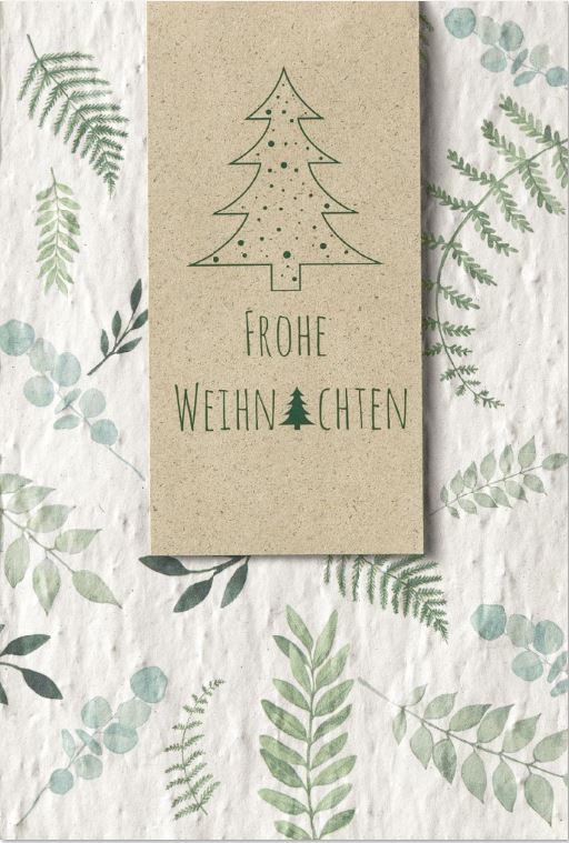 Natürliche Weihnachtskarte aus nachhaltigem Samenpapier und Kraftkarton mit floralem Druck