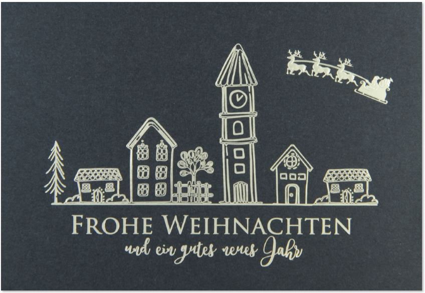 Blaue Weihnachtskarte mit Silberprägung von Weihnachtsgruß, Häusern und Rentierschlitten