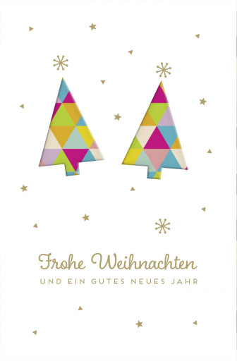 Spenden Weihnachtskarte zugunsten Deutsche Kinderhilfe mit ausgestanzten Bäumen im bunten Design