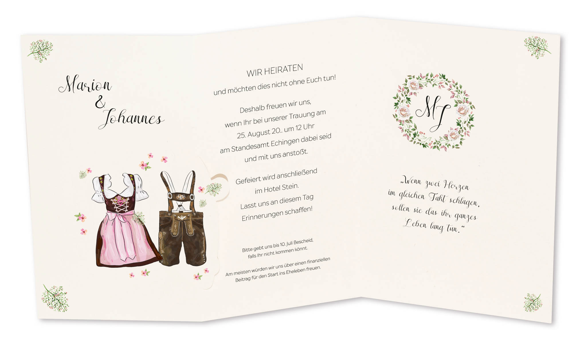 Originelle Hochzeitseinladungskarte mit Beispieltext, Blumen, Dirndl und Lederhose