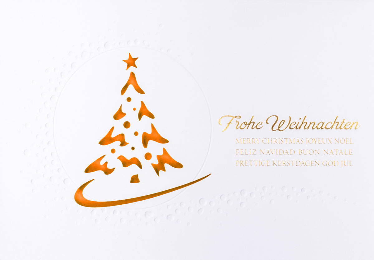 Weiße Laser-Weihnachtskarte mit goldener Folienprägung, Blindprägung und orangenem Einlegeblatt