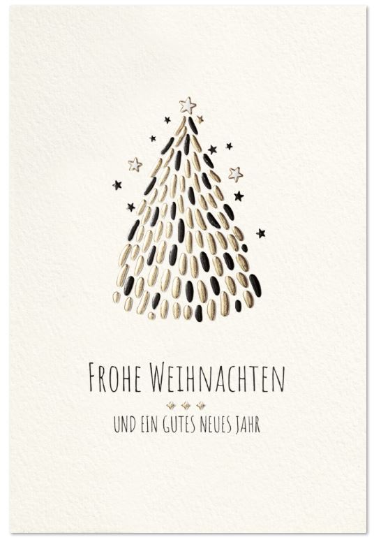 Cremeweiße Weihnachtskarte mit gold-schwarzem Baum, Sternen und Weihnachtsgrüßen