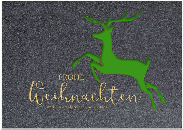 Geschäftliche Weihnachtskarte in grau mit springendem Hirsch, Gruß und grünem Einleger