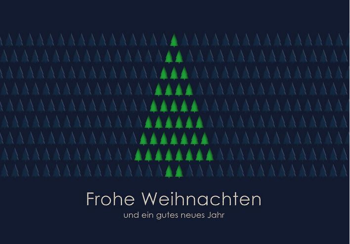 Dunkelblaue Weihnachtskarte als Stanzkarte mit fühlbarer Blind- und Silberfolienprägung, Einleger grün