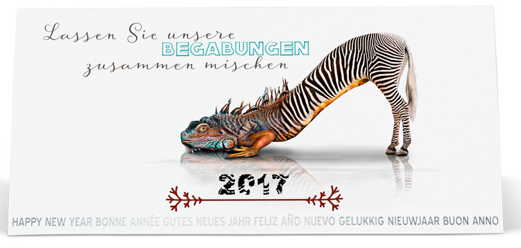 Ausgefallene Neujahrskarte 2017 international mit Leguan / Zebra Begabungen mischen