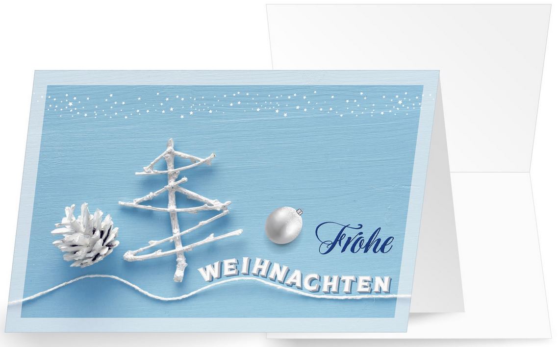 Hellblaue Spendenkarte für Ärzte ohne Grenzen im maritim-modernen Design mit "Frohe Weihnachten"