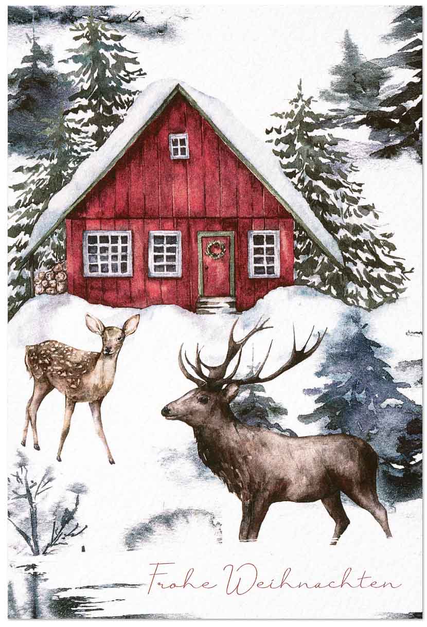 Winter-Weihnachtskarte mit rotem Holzhaus, verschneitem Tannenwald, Hirsch und Reh