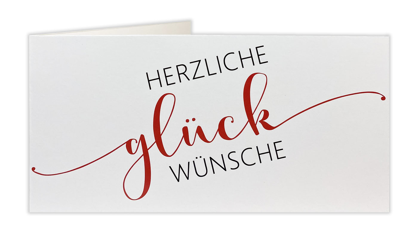 Glückwunschkarte DIN lang, querformat, weißer Glazkarton, Glückwunsch-Schriftzug in schwarz und rot