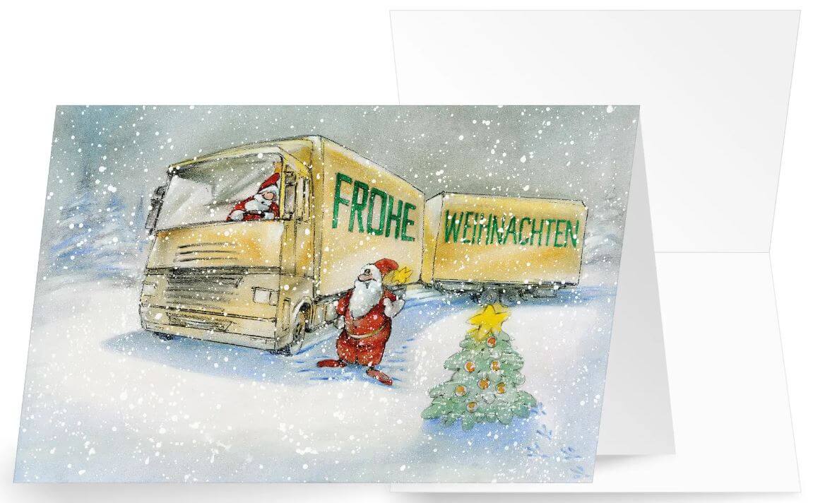 Lustige Branchenkarte für Spedition, Logistik und Transport mit "Frohe Weihnachten" auf LKW