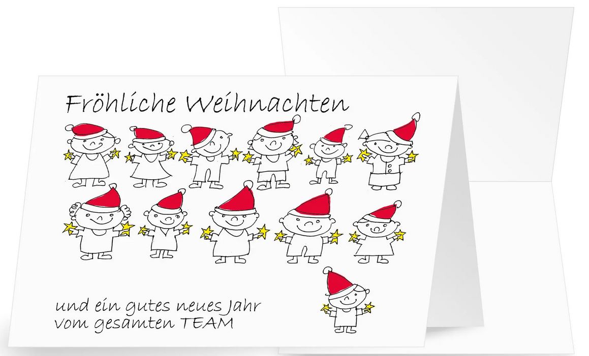 Lustige Team-Weihnachtskarte "Wir sind für Sie da" mit Spende für Ärzte ohne Grenzen