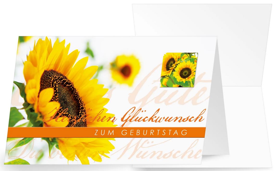 Sommerliche Geburtstagsgrußkarte mit Sonnenblumen und Glückwünschen als Klappkarte im Querformat