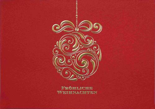 Rote Weihnachtskarte aus Kaschmir-Karton mit Weihnachtskugel in gold