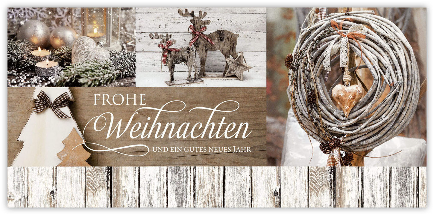 Weihnachtskarte weiß mit Brauntönen mit Fotomotiven aus der Weihnachts- und Winterzeit